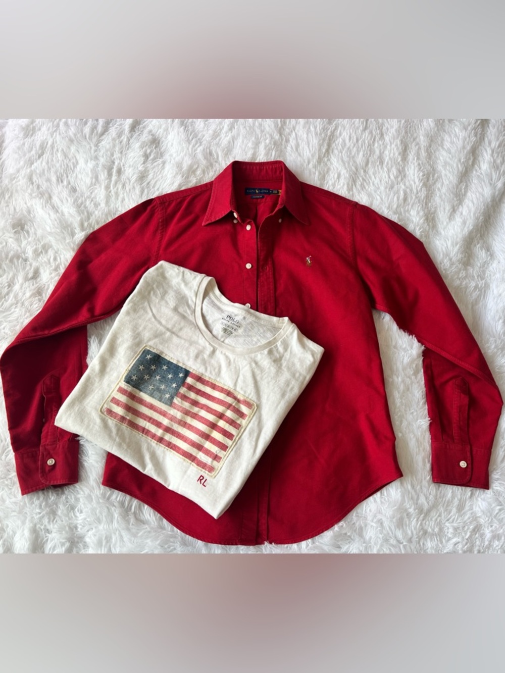 Independence Day 🇺🇸 Polo Ralph Lauren Combo: Red Shirt + USA flag T-Shirt Size M